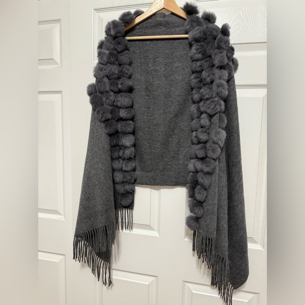 Charcoal Cashmere/Wool Shawl-Cape Wrap with Coney Fur Pom Poms  Belle Fare New